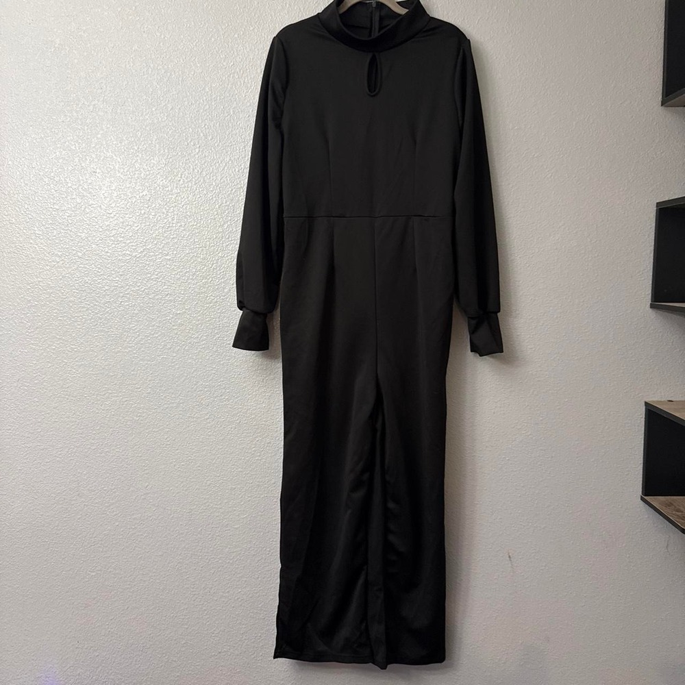 Women's Black Long Sleeve Pants Jumpsuit with High Neck and Peekaboo Keyhole